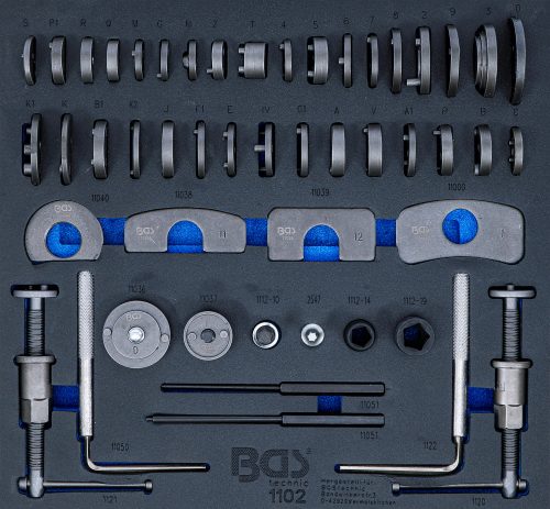 BGS technic 50 darabos fékdugattyú visszatekerő készlet, műhelykocsikhoz használható 2/3-os szerszámtálcán (BGS 1102)