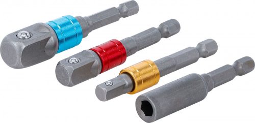 BGS DIY Adapterkészlet fúrógépekhez | színes | Külső hatszögletű kulcsnyílású hajtás 6,3 mm (1/4") | 6,3 mm (1/4"), 10 mm (3/8"), 12,5 mm (1/2"), Belső hatszögletű 6,3 mm (1/4") | 4 darabos (20814)
