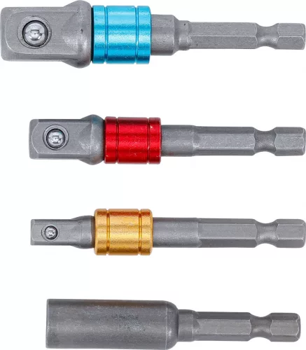 BGS DIY Adapterkészlet fúrógépekhez | színes | Külső hatszögletű kulcsnyílású hajtás 6,3 mm (1/4") | 6,3 mm (1/4"), 10 mm (3/8"), 12,5 mm (1/2"), Belső hatszögletű 6,3 mm (1/4") | 4 darabos (20814)