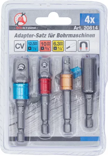 BGS DIY Adapterkészlet fúrógépekhez | színes | Külső hatszögletű kulcsnyílású hajtás 6,3 mm (1/4") | 6,3 mm (1/4"), 10 mm (3/8"), 12,5 mm (1/2"), Belső hatszögletű 6,3 mm (1/4") | 4 darabos (20814)