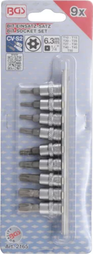BGS technic 9 részes biztonsági Torx (fúrt) bitfej készlet, 1/4", T10-T50-ig (BGS 2165)
