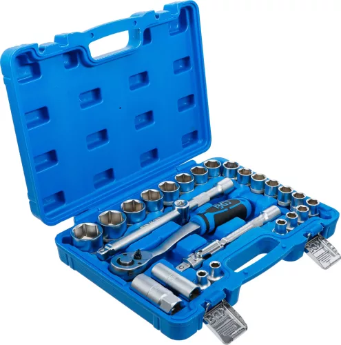 BGS technic Dugókulcs készlet colos hatszög fejekkel, 1/2”, 3/8”–1-1/4”, 27 részes, 90 fogú racsnival (BGS 2216)