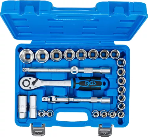 BGS technic Dugókulcs készlet colos hatszög fejekkel, 1/2”, 3/8”–1-1/4”, 27 részes, 90 fogú racsnival (BGS 2216)