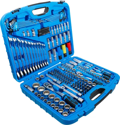 BGS technic Dugókulcs készlet „Gear Lock” profillal, 1/4”–3/8”–1/2”, 218 részes, króm-vanádium acél (BGS 2290)