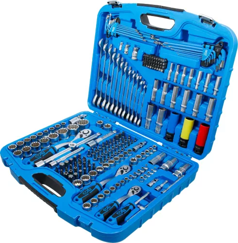 BGS technic Dugókulcs készlet „Gear Lock” profillal, 1/4”–3/8”–1/2”, 218 részes, króm-vanádium acél (BGS 2290)