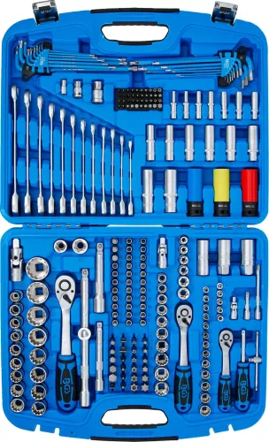 BGS technic Dugókulcs készlet „Gear Lock” profillal, 1/4”–3/8”–1/2”, 218 részes, króm-vanádium acél (BGS 2290)