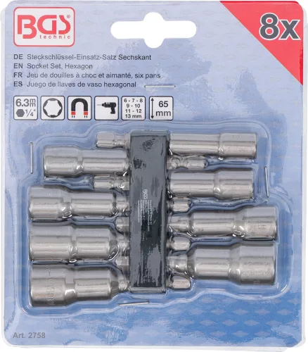 BGS technic Dugókulcsfej készlet fúrógéphez, tartómágnessel, 1/4” hatszög befogással, 6–13 mm, 8 részes (BGS 2758)