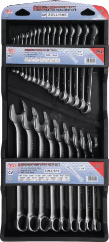 BGS technic Csillag-villáskulcs készlet colos méretekkel, 1/4”–1 1/4”, 25 részes, falra akasztható tartón (BGS 30101)