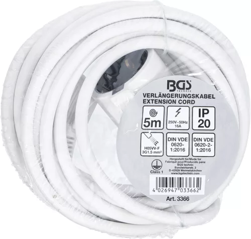 BGS technic Hosszabbítókábel | 5 m | 3 x 1,5 mm² | IP 20 (BGS 3366)