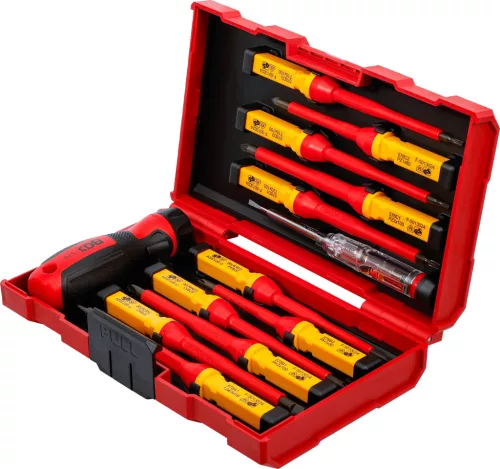 BGS technic VDE szigetelt csavarhúzó készlet cserélhető pengékkel, SL / PH / PZ / Torx, 13 részes (BGS 35814)