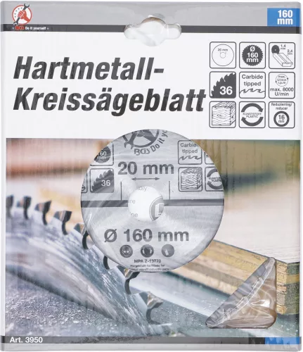BGS DIY Karbid hegyű körfűrész tárcsa, 160 x 20 x 2.4 mm, 36 fogú (BGS 3950)