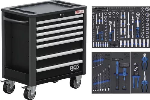 BGS technic 7 fiókos műhelykocsi, extra alacsony teljes súly, 4 szerszámtálcába rendezett 209 részes szerszámkészlettel (BGS 4140)