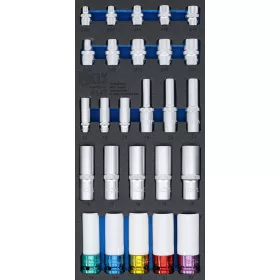   BGS technic Műhelykocsi-betét 1/3: dugókulcsbetétek, hatszögletű, 11 - 22 mm mély | E-profil E10 - E22 | 6,3 mm (1/4"), 10 mm (3/8"), 12,5 mm (1/2") | 26 darabos (BGS 4147)