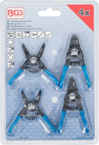 BGS technic Seegerfogó készlet kis biztosítógyűrűkhöz, 80 mm, 4 részes, külső és belső, egyenes és hajlított (BGS 444)