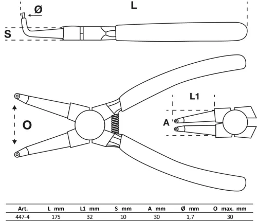 BGS technic Hajlított Seegerfogó belső biztosítógyűrűkhöz, 175 mm, Ø2,0 mm (BGS 447-4)