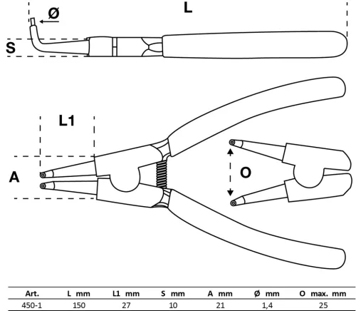 BGS technic Hajlított Seegerfogó külső biztosítógyűrűkhöz, 150 mm, Ø1,5 mm (BGS 450-1)