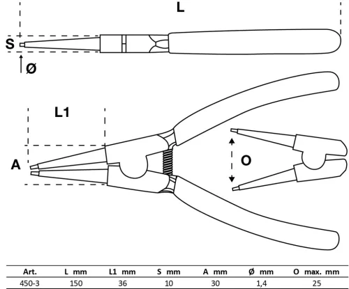 BGS technic Egyenes Seegerfogó külső biztosítógyűrűkhöz, 150 mm, Ø1,5 mm (BGS 450-3)