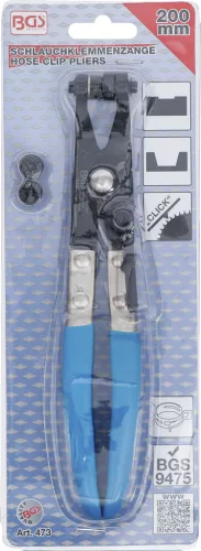 BGS technic Bilincsfogó rugós tömlőbilincsekhez, racsnis rögzítéssel, 200 mm, 2 pár cserélhető pofával (BGS 473)