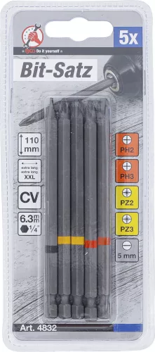 BGS DIY Behajtófej készlet | Külső hatszögletű behajtófej 6,3 mm (1/4") | Csillag PH, csillag PZ, lapos | 110 mm hosszú | 5 darabos (4832)