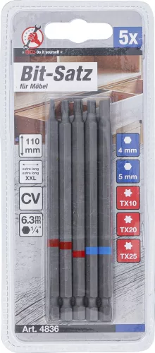 BGS DIY Behajtófej készlet | Külső hatszögletű behajtófej 6,3 mm (1/4") | Belső hatszögletű, T-profil (Torx) | 110 mm hosszú | 5 darabos (4836)