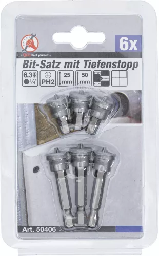 BGS DIY 1/4" Bitkészlet mélységi ütközővel, csavarok süllyesztett behajtásához | gipszkarton falhoz | csillag PH2 | 6 darabos (BGS 50406)