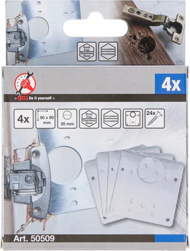 BGS Bútorpánt javítólemez készlet sérült pántrögzítéshez, 90 × 90 mm, rozsdamentes, 4 részes (BGS 50509)