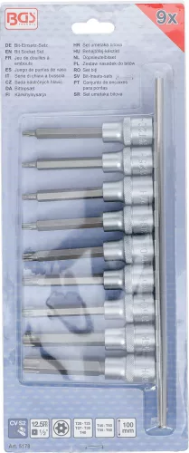 BGS technic Bitfej készlet, 1/2", T-profil (Torx) furattal, 9 darabos (5178)