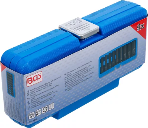 BGS technic Gépi E-Torx dugókulcs készlet, hosszított, 1/2" meghajtás, E10–E24, CrMo acél, 9 részes (BGS 5204)