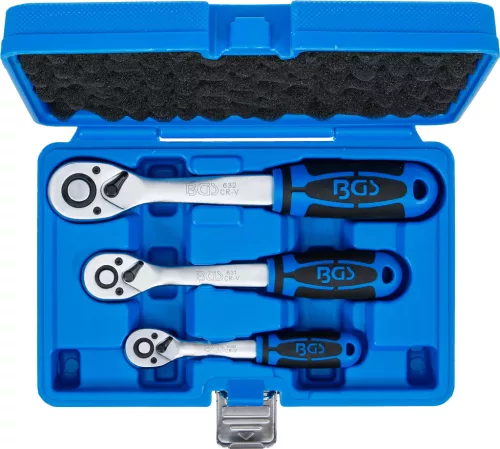BGS technic Racsnis hajtókar készlet finomfogazású 72 fogas, 1/4”, 3/8” és 1/2”, CrV acél, 3 részes (BGS 621)