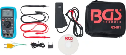 BGS technic Autóipari digitális multiméter USB PC-csatlakozással, 1000 V, 20 A, fordulatszám- és hőmérsékletméréssel (BGS 63401)