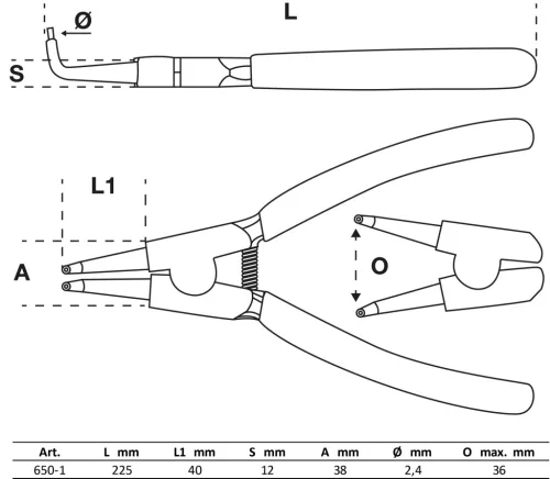 BGS technic Hajlított Seegerfogó külső biztosítógyűrűkhöz, 225 mm, Ø2,4 mm (BGS 650-1)