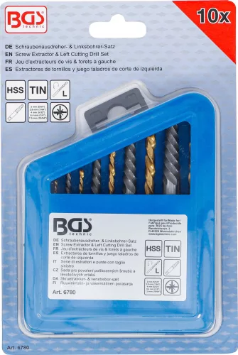 BGS technic Csavarkiszedő és balra forgó fúrókészlet | HSS | titánnal ötvözött nitrátozott | 2 - 7,5 mm | 10 darabos (BGS 6780)