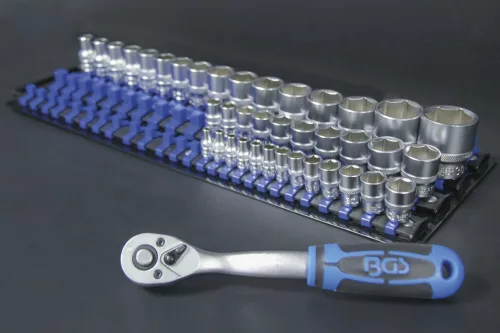 BGS technic Dugókulcstartó sín készlet dugókulcsbetétekhez | 80 kapoccsal | 6,3 mm (1/4"), 10 mm (3/8"), 12,5 mm (1/2") betétekhez (BGS 6871)