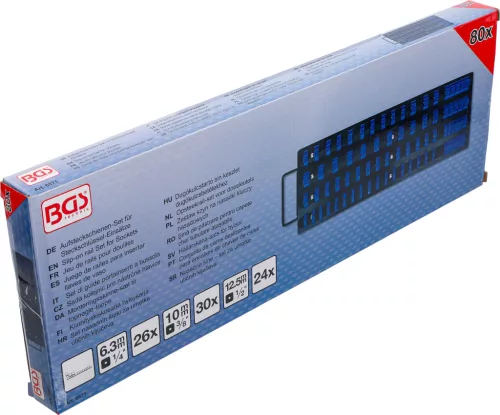 BGS technic Dugókulcstartó sín készlet dugókulcsbetétekhez | 80 kapoccsal | 6,3 mm (1/4"), 10 mm (3/8"), 12,5 mm (1/2") betétekhez (BGS 6871)