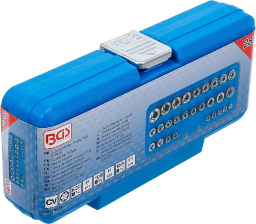 BGS technic Dugókulcs-készlet, E-profil | 6,3 mm (1/4") / 12,5 mm (1/2") meghajtás | E4 - E24 | 28 db. (BGS 70099)