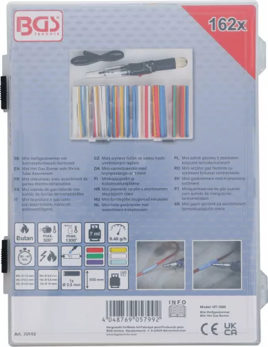 BGS technic Mini gázégőfej zsugorcső készlettel, színes, Piezo-gyújtással, 162 darabos (70143)