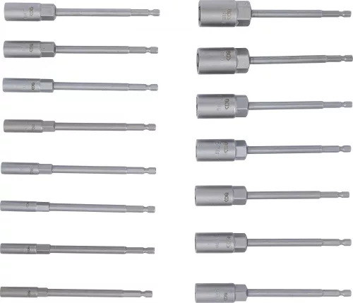 BGS technic Fúrógépbe fogható dugókulcs készlet, hatszög, extra hosszú, 1/4", 5,5-19 mm, 15 darabos (BGS 70147)