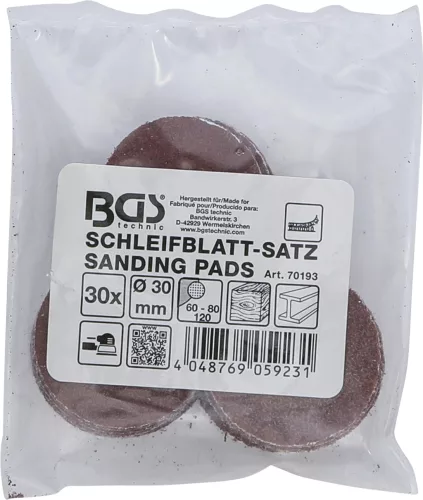 BGS technic Csiszolópapír excenteres csiszolóhoz | Ø 30 mm | K 60 - 80 - 120 | 30 darabos (BGS 70193)