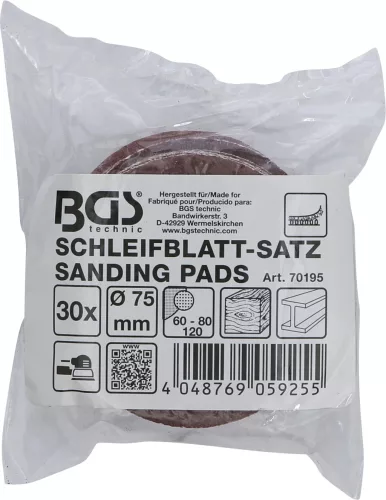 BGS technic Csiszolópapír excenteres csiszolóhoz | Ø 75 mm | K 60 - 80 - 120 | 30 darabos (BGS 70195)