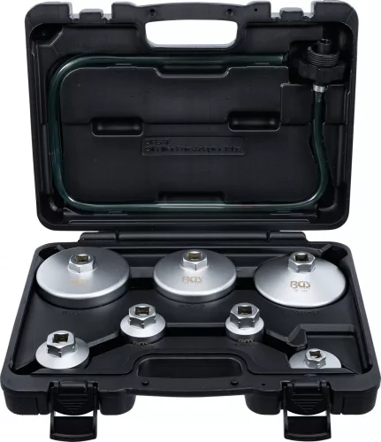 BGS technic Olajszűrőkulcs készlet leeresztő tömlővel, VAG, BMW, Citroën, Peugeot, Ford, Mercedes-Benz, Opel, Volvo, 8 darabos (BGS 72054)