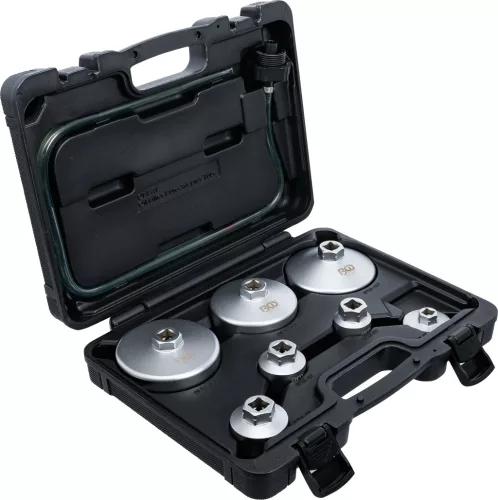 BGS technic Olajszűrőkulcs készlet leeresztő tömlővel, VAG, BMW, Citroën, Peugeot, Ford, Mercedes-Benz, Opel, Volvo, 8 darabos (BGS 72054)