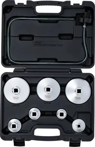 BGS technic Olajszűrőkulcs készlet leeresztő tömlővel, VAG, BMW, Citroën, Peugeot, Ford, Mercedes-Benz, Opel, Volvo, 8 darabos (BGS 72054)