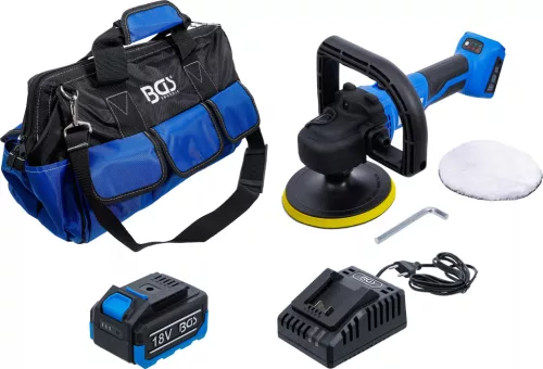 BGS technic Akkumulátoros polírozó és köszörűgép készlet | szénkefe nélküli | 18 V | akkumulátorral és gyorstöltővel (7395)
