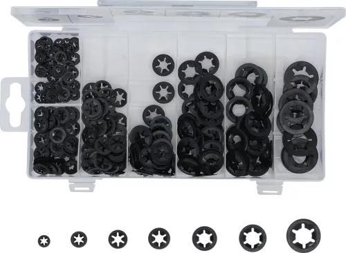 BGS technic Rugós biztosító alátét készlet csavarokhoz, horganyzott rugóacél, M3–M12, 340 részes (74414)