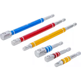   BGS technic Adapterkészlet fúrógépekhez | színes | Külső hatszögletű kulcsnyílású hajtás 6,3 mm (1/4") | Külső hatszögletű 6,3 mm (1/4"), 10 mm (3/8"), 12,5 mm (1/2")| 75 - 150 mm | 6 darabos (74424)