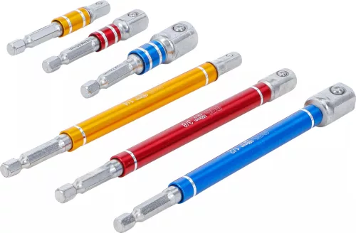 BGS technic Adapterkészlet fúrógépekhez | színes | Külső hatszögletű kulcsnyílású hajtás 6,3 mm (1/4") | Külső hatszögletű 6,3 mm (1/4"), 10 mm (3/8"), 12,5 mm (1/2")| 75 - 150 mm | 6 darabos (74424)