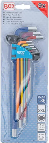 BGS technic Derékszögű kulcs készlet | több színű | extra hosszú | belső hatszögletű 1,5 - 10 mm | 9 darabos (BGS 74456)