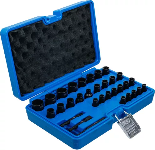 BGS technic Spirálprofilú csavarkiszedő dugókulcs készlet 1/4” és 3/8” meghajtással, metrikus és colos méretekkel, 32 részes (74560)