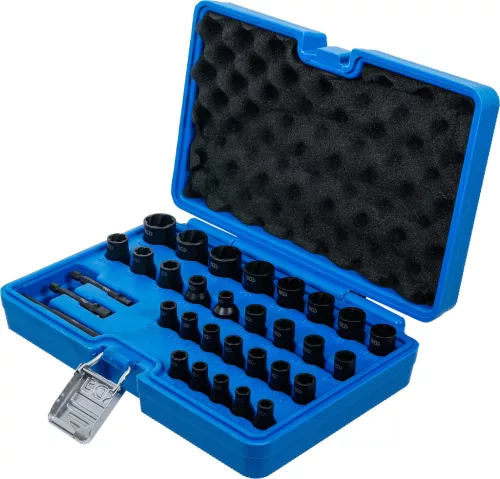 BGS technic Spirálprofilú csavarkiszedő dugókulcs készlet 1/4” és 3/8” meghajtással, metrikus és colos méretekkel, 32 részes (74560)