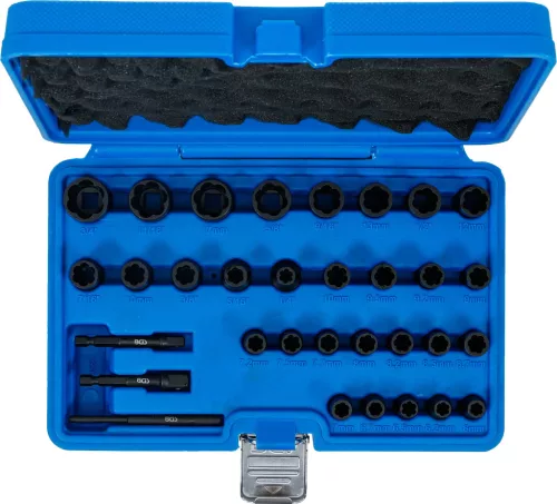 BGS technic Spirálprofilú csavarkiszedő dugókulcs készlet 1/4” és 3/8” meghajtással, metrikus és colos méretekkel, 32 részes (74560)